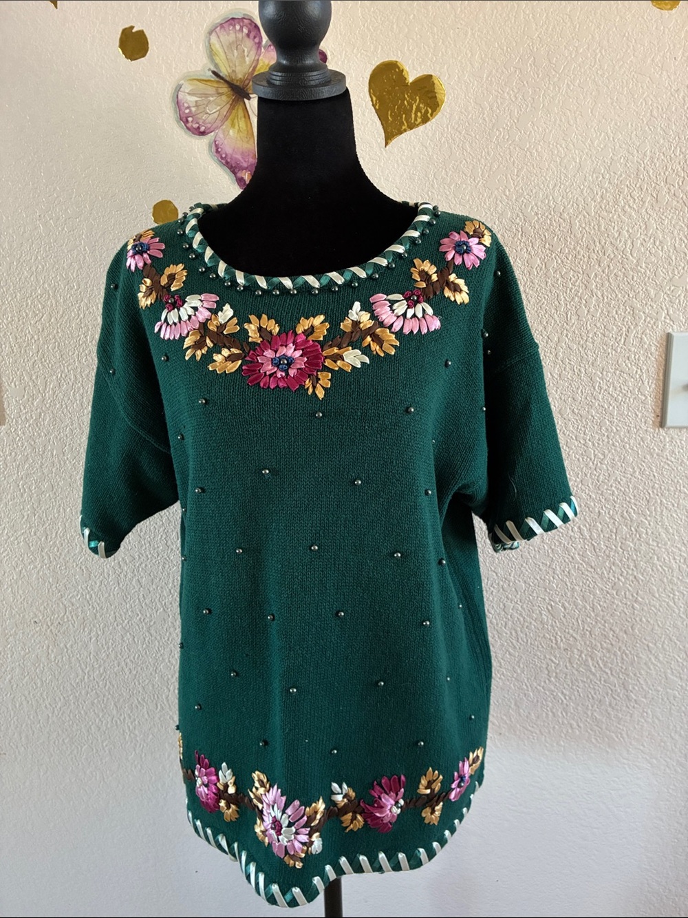 Women’s Emerald Green Floral Embellished Knit Top